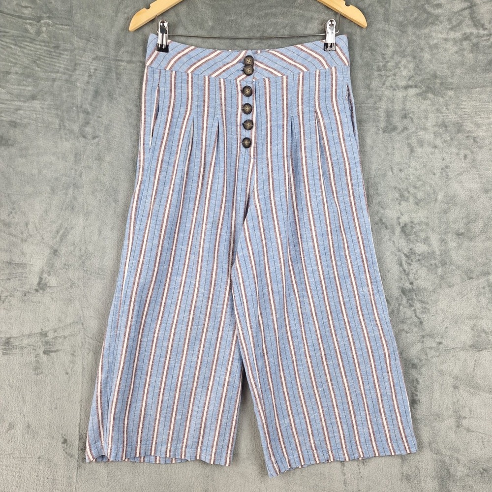 Cali 1850 Pants Medium Linen Blend Beach Coastal Wide Leg Striped Resort Cropped
